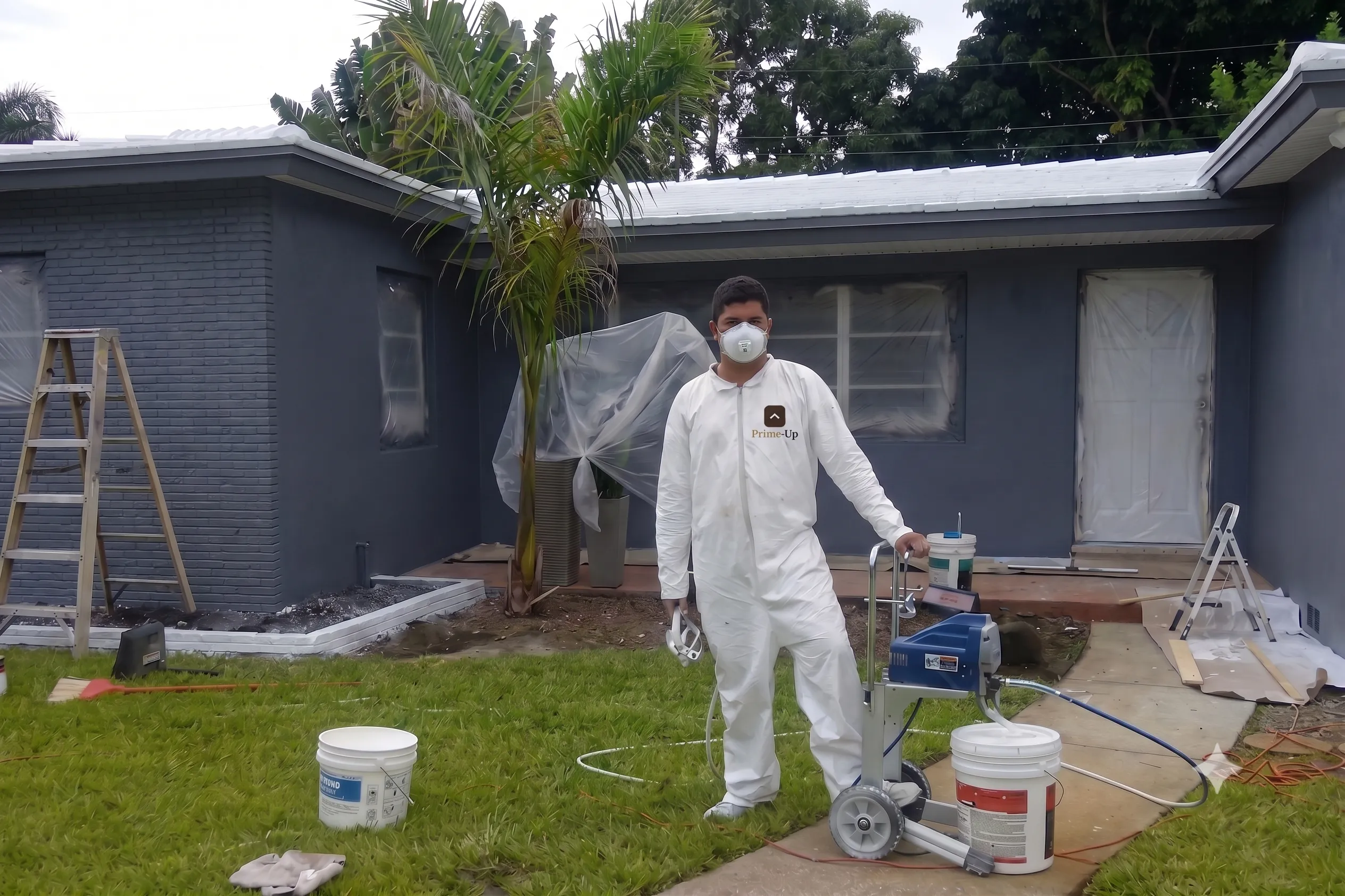 Prime Up painter in coveralls spraying an exterior wall